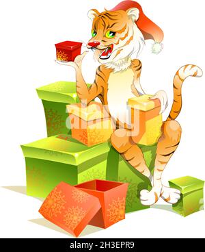 Una tigre di cartone animato si siede sulle scatole del regalo. Felice anno nuovo e Buon Natale. La tigre è un simbolo del nuovo anno. Illustrazione Vettoriale