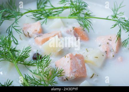 Helsinki / Finlandia - 28 OTTOBRE 2021: Cucina tradizionale finlandese: Ciotola di cremosa zuppa di salmone con aggiunta di aneto. Foto Stock