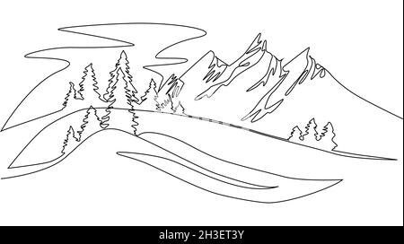Linea continua disegno paesaggio, montagne e alberi di Natale, inverno. Illustrazione Vettoriale