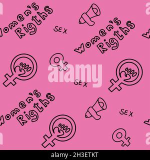 Il modello senza cuciture spandiera segni di femminismo, diritti delle donne. Grunge icone vettoriali disegnate a mano di simboli di protesta del Feminismo Un rally per combattere per il voto Illustrazione Vettoriale