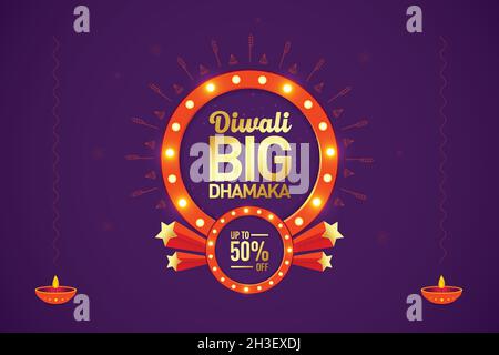 Diwali grande dhamaka vendita offerta banner unità logo con cracker e luci sfondo celebrazione, festa indiana della luce, offerta vendita, Logo design. Illustrazione Vettoriale