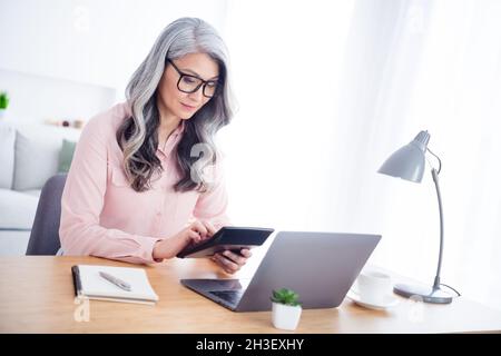 Foto laterale del profilo di donna anziana concentrato concentrato conteggio finanziario calcolatrice lavoro remoto casa laptop Foto Stock