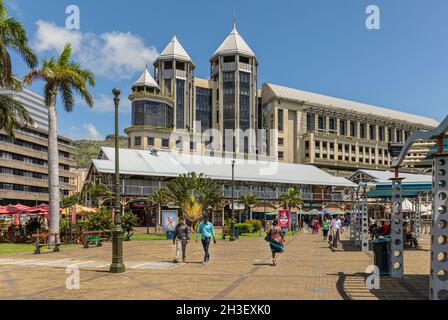Le Caudan Waterfront shopping cantre, Port Louis, Mauritius, Isole Mascarene. Foto Stock