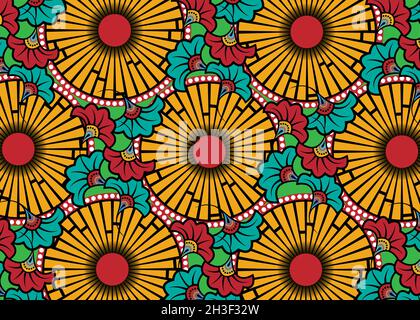 African Wax Print Fabric, ornamento etnico fatto a mano per il vostro design, fiori africani etnici e motivi tribali elementi geometrici. Texture vettoriale colorata, Illustrazione Vettoriale