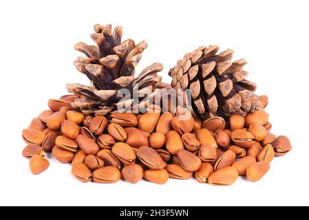 Pinoli isolati su sfondo bianco. Coni di pino e cumulo di pinoli arrostiti in conchiglie. Foto Stock