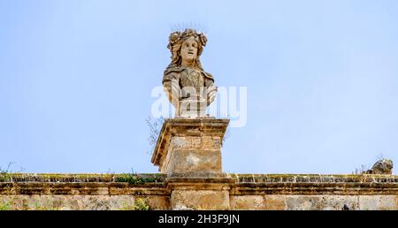 Busto sul tetto del Palazzo del sedile con guglie per la difesa dei piccioni a Bari Foto Stock