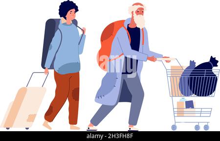 Caratteri senza casa. Donna rifugiata, povera gente con cose. Famiglia vagabonds, vecchio maschio e giovane femmina illustrazione vettoriale Illustrazione Vettoriale