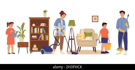 Persone pulizia casa. Soggiorno di famiglia, mamma figlia che fa casa lavoro insieme. Householding, bambini adulti housekeeping swanky vettore concetto Illustrazione Vettoriale