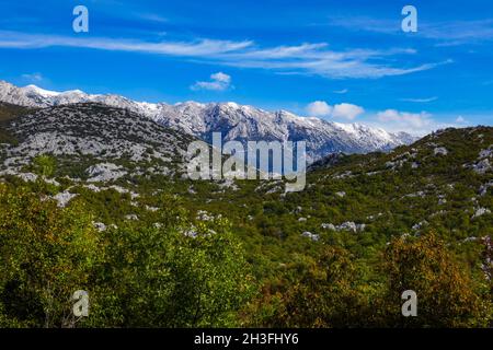 Scenario carsico nelle montagne calcaree, Velebit montagne, Alpi Dinariche, Croazia Foto Stock