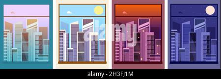 Vista dalla finestra. Città notturna, forme di costruzione al crepuscolo all'aperto. Tempo sulla strada, mattina pomeriggio sera centro utter vettore set Illustrazione Vettoriale