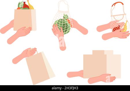 Mano con i sacchetti di shopping. Consegna, acquisto di cibo o pacchi. Metafora dello shopping in linea, mani isolate che tengono i pacchi vettore set Illustrazione Vettoriale