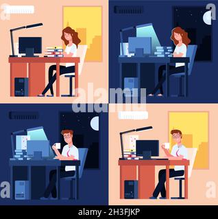 Lavoro diurno notturno. Lavoro in ufficio in ritardo, lavoro straordinario uomo donna. I dipendenti stanchi piatti, il lavoro non stop remoto al concetto di vettore utter computer Illustrazione Vettoriale