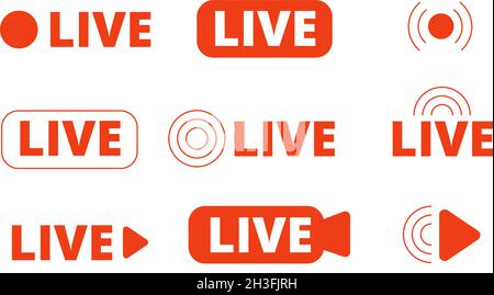 Icone di streaming live. Icona del live streaming, logo isolato per la trasmissione in streaming online. Segnali video Internet, radio TV del utter o simboli vettoriali dei mezzi di informazione Illustrazione Vettoriale