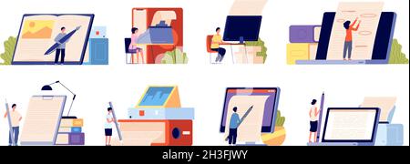 Concetto degli autori. Blogger professionale, scrittori di libri o copywriter cartoni animati. Editing di poesie di letteratura creativa, genio immaginazione utter scene vettoriali Illustrazione Vettoriale