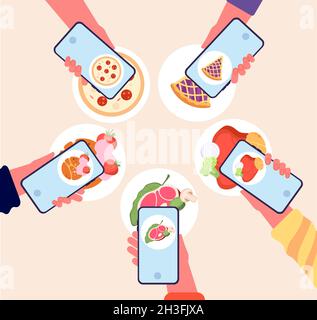 Cibo foto. Blogger fotographia alimenti per telefono e condividere nei social media. Amici ristorante riunione, persone gruppo tenere smartphone utter vettore Illustrazione Vettoriale
