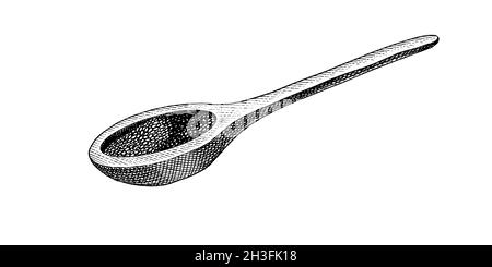Cucchiaio di legno di semi di Chia. Salvia hispanica. Spezia o condimento o aromatizzazione o granulo o grano. Inciso a mano disegnato in vecchio schizzo e stile vintage Illustrazione Vettoriale