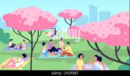 Picnic nel parco cittadino. Picnic in famiglia, riposo sul paesaggio naturale. Persone a piedi, cartone animato primavera estate famiglie attività utter vettore concetto Illustrazione Vettoriale