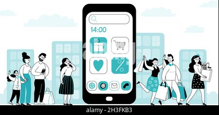 App per lo shopping mobile. Negozio di gente di stile piatto, compratori in linea e pagamento intelligente. Cose per il servizio di e-commerce, concetto vettoriale di sistema di ordine decente Illustrazione Vettoriale