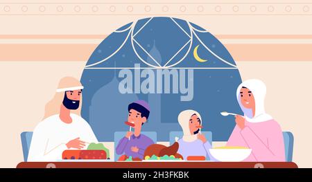 Famiglia ramadan cena. Arabo mangiare, riunirsi a casa per la festa di iftar. Genitori e bambini arabi, pasti sauditi al tavolo utter illustrazione vettoriale Illustrazione Vettoriale