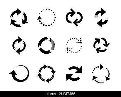 Frecce di ricarica. Freccia circolare, icone digitali di connessione o riciclo. Simboli di riavvio della connessione, ruota isolata intorno al gruppo raccolta di vettori recenti Illustrazione Vettoriale