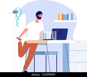 Uomo che fa esercizi. Allenamento domestico, sport online. Ragazzo in pajama al tavolo d'ufficio, concetto di vettore di lavoro remoto Illustrazione Vettoriale