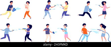 Festival dell'acqua per bambini. Songkran cartoon bambini celebrare, bambini giocare spruzzi. Cultura asiatica, thailandia divertimento nuovo anno fest utter vettore set Illustrazione Vettoriale