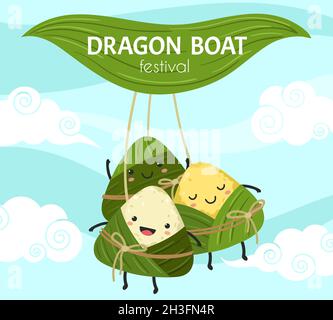 Festa della gnocchi di riso. Gnocchi asiatici, cibo cinese carino. Cartoon drago barca poster festival, foglie di bambù e Zongzi vettore banner esatto Illustrazione Vettoriale