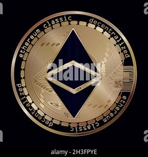Disegno vettoriale, moneta d'oro Ethereum su sfondo nero Illustrazione Vettoriale