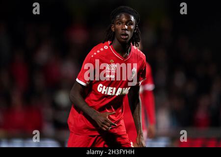 WESTERLO, BELGIO - OTTOBRE 28: Pierre Dwomoh del Royal Antwerp FC durante la partita belga Croky Cup tra KVC Westerlo e Royal Antwerp FC a Het Kuipje il 28 Ottobre 2021 a Westerlo, Belgio (Foto di Jeroen Meuwsen/Orange Pictures) Foto Stock