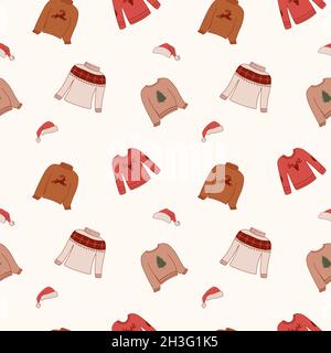 Modello senza cuciture con maglioni natalizi e cappelli babbo natale. Vettoriale in stile piatto. Illustrazione Vettoriale