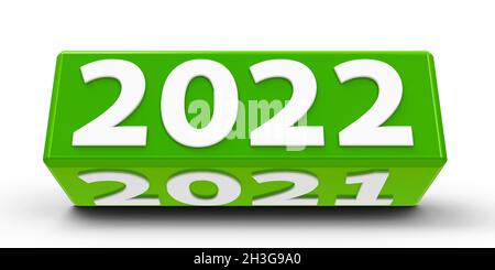 Il cubo verde (cuboid) con 2022-2021 modifiche su una tabella bianca rappresenta il nuovo 2022, rendering tridimensionale, illustrazione 3D Foto Stock