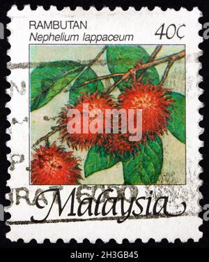 MALESIA - CIRCA 1986: Un francobollo stampato in Malesia mostra il rambutan (nephelium lappaceum), frutto commestibile prodotto da questo albero, circa 1986 Foto Stock