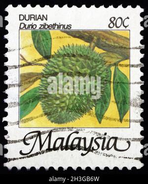 MALESIA - CIRCA 1986: Un francobollo stampato in Malesia mostra durian (durio zibethinus), frutta commestibile prodotta da questo albero, circa 1986 Foto Stock