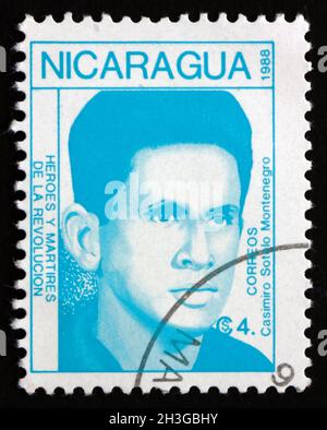 NICARAGUA - CIRCA 1988: Un francobollo stampato in Nicaragua mostra Casimiro Sotelo Montenegro, eroe della rivoluzione, circa 1988 Foto Stock