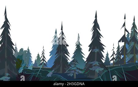 Paesaggio notturno con alberi di conifere. Illustrazione in stile cartoon design piatto isolato su sfondo bianco. Vettore Illustrazione Vettoriale