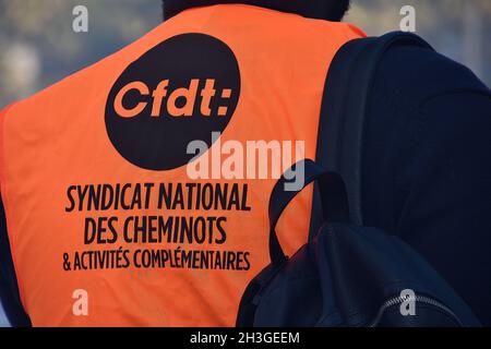 Un manifestante indossa un gilet sindacale durante la dimostrazione. Convocata dai sindacati francesi "forza dei lavoratori" (Force Ouvriere/FO), "Confederazione democratica del lavoro" (Confederazione Francaise Democratique du Travail/CFDT) e "Sud Rail" (Solidaires Unitaires Democratiques), I lavoratori della SNCF hanno partecipato a una manifestazione prima del voto dell'assemblea regionale della Provenza-Alpi-Costa Azzurra (PACA) che deciderà chi opererà la linea del treno espresso regionale (ter) tra Marsiglia e Nizza. L'operatore ferroviario privato francese Transdev è escluso per prendere il controllo della linea ferroviaria. (Foto di Gerard Bottino/S. Foto Stock