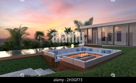 3D rendering di villa di lusso contemporanea con panorama sul mare, piscina e camino esterno Foto Stock