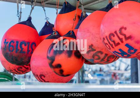 Boe legate a lato di una barca da pesca. Boe colorate appese su una barca da pesca. Fuoco selettivo, foto di viaggio, nessuno, concetto industria di pesca fotografica Foto Stock