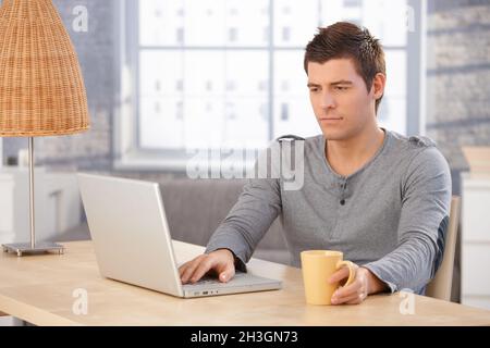 Giovane uomo che si concentra sullo schermo del notebook Foto Stock
