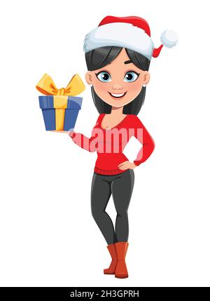 Donna di affari del cartone animato in scatola del regalo di tenuta del cappello di Santa. Carino personaggio di cartone animato donna d'affari. Bella ragazza. Buon Natale e Felice Anno Nuovo. Vec. Stock Illustrazione Vettoriale