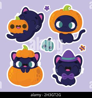 halloween adesivi carino gatto zucca disegno vettore illustrazione Illustrazione Vettoriale