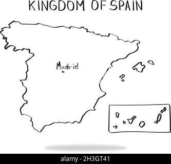 Mappa del paese disegnata a mano Regno di Spagna con la capitale Madrid. Illustrazione Vettoriale