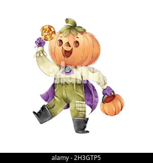 testina di zucca che tiene caramelle felice halloween disegno vettore illustrazione Illustrazione Vettoriale