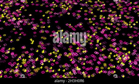 Astrazione colorata di popolari social network e icone di app di servizi fluttuanti su sfondo nero. Animazione. Tecnologia, social media e. Foto Stock