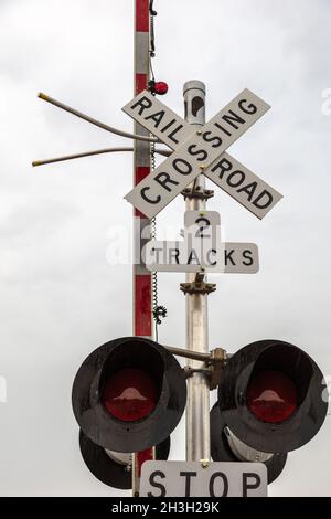 Attraversamento ferroviario, luci di avvertimento e segnaletica, USA, di James D Coppinger/Dembinsky Photo Assoc Foto Stock