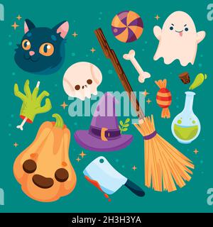 disegno a mano della collezione di elementi di halloween piatta illustrazione del disegno vettoriale Illustrazione Vettoriale