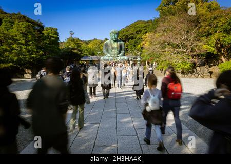 I turisti si riuniscono al Grande Buddha, o Kamakura Daibutsu, la statua alta 43 piedi e 103 tonnellate fu completata nel 1252 che si trova a Kamakura, Giappone. Foto Stock