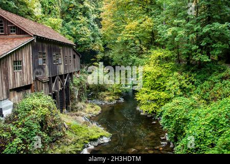 Questo è il Cedar Creek Grist Mill vicino a Woodland, Washington. È il più antico mulino operativo del Pacifico nord-occidentale. Foto Stock