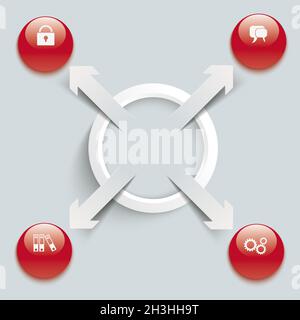 4 frecce di taglio carta Centro anello esternamente pulsanti rossi PiAd Foto Stock