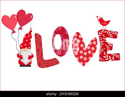 Modello di cartolina con gnomo, palloncini e letterreng. Illustrazione di festa per San Valentino. Illustrazione Vettoriale
